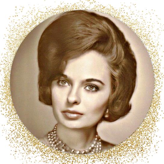 A sophisticated woman with a retro hairstyle and pearl necklace is portrayed in a classic look.