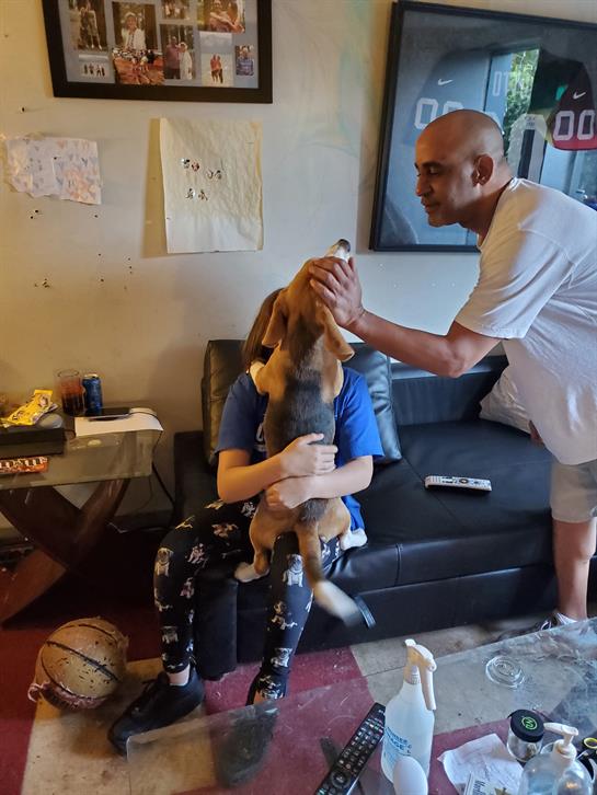 A boy sits on a couch holding a small dog while an adult playfully pets its head.
