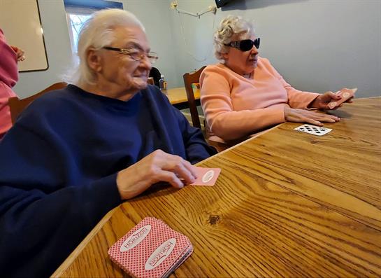 Two elderly players engage in a card game, smiling and concentrating as they play.