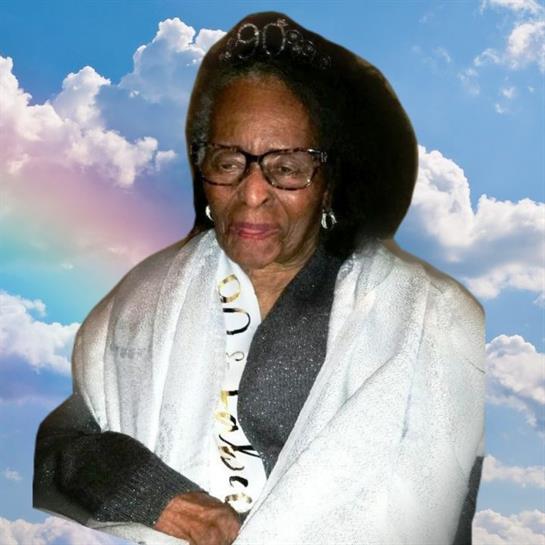 An elderly woman wraps her arms in a stylish shawl, smiling gently among vibrant clouds above.