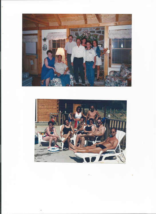 A group of friends and family relaxes at a cabin retreat, enjoying each other's company and the sun.