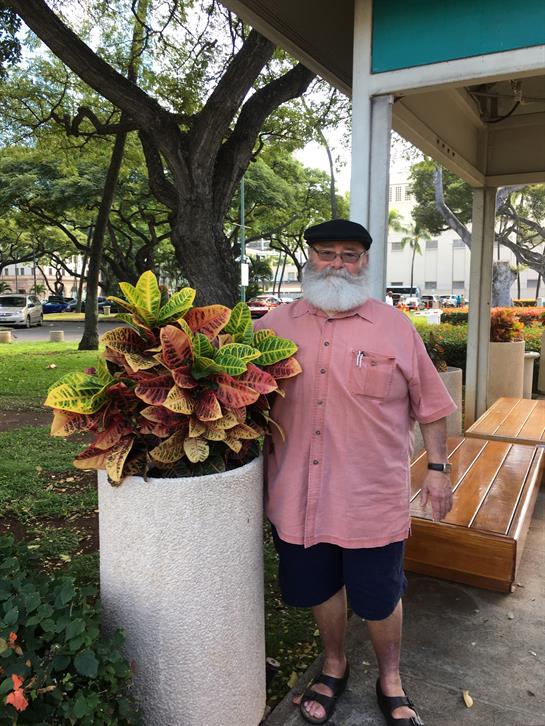 Man with white beard and glasses smiles next to vibrant foliage in public park.