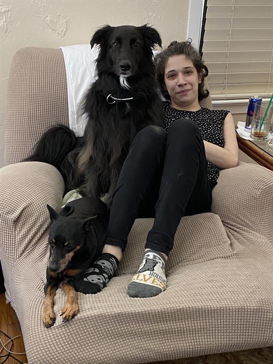 A person relaxes in a chair with a large dog on their lap and a small dog at their feet.