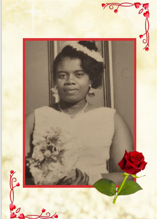 A woman poses in a formal dress holding a bouquet, surrounded by decorative elements.