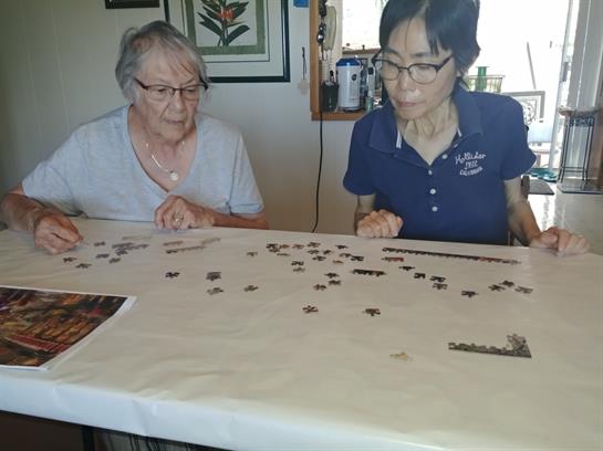 Two women focus on examining a spread of diverse items on a table in a cozy indoor setting.