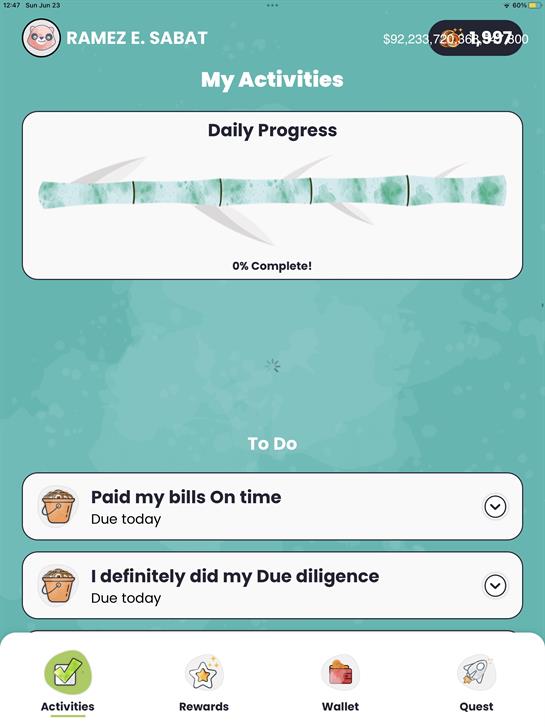 User interface displays daily progress on tasks including bill payments and due diligence.