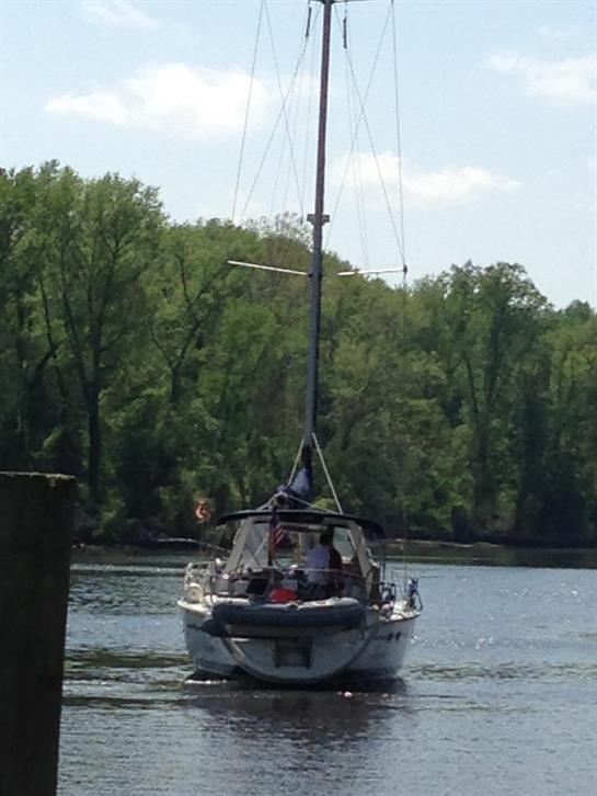 A sailboat glides smoothly along a serene river, framed by vibrant trees under a clear sky.