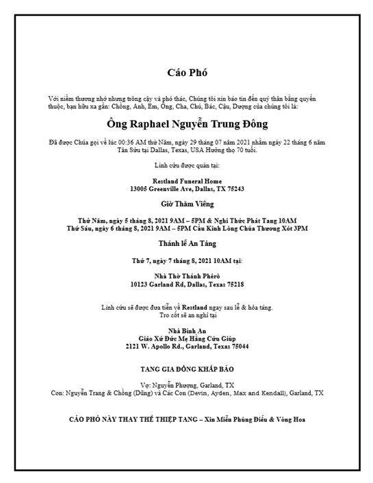 Service details for Raphael Nguyen Trung Dong at a Dallas funeral home for family and friends.