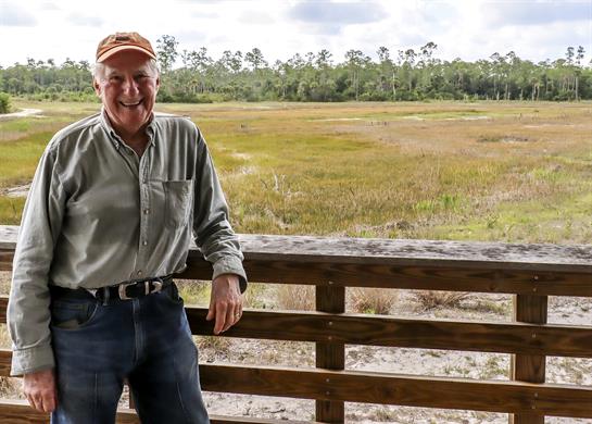 Man enjoys the view from a wooden deck, surrounded by lush greenery and open marshland.