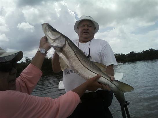 Two people hold a large snook fish on a boat near a shoreline under cloudy skies.