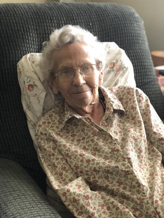 An elderly woman sits on a couch with a warm smile, enjoying a tranquil afternoon at home.
