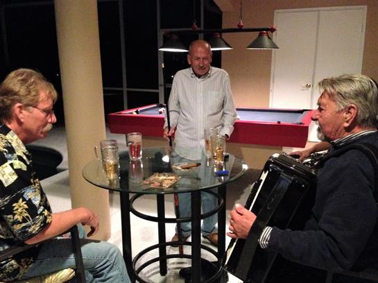 Four friends enjoy drinks and share laughter while one plays the accordion in a relaxed setting.