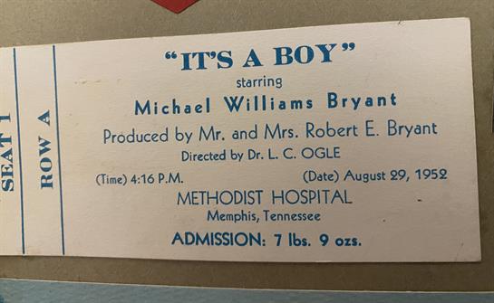 Birth announcement card detailing the arrival of Michael Williams Bryant at a Memphis hospital.