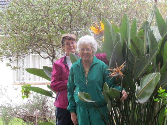 Two women pose happily among lush green tropical plants and vibrant flowers during spring.