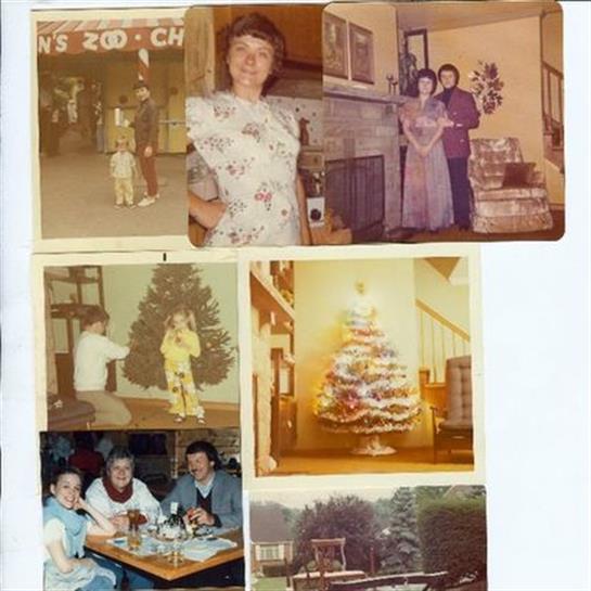 Several vintage photographs show family celebrations around Christmas, including tree decorating.