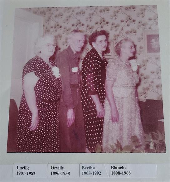 Family members stand together wearing polka dot dresses and suits, creating a nostalgic moment.