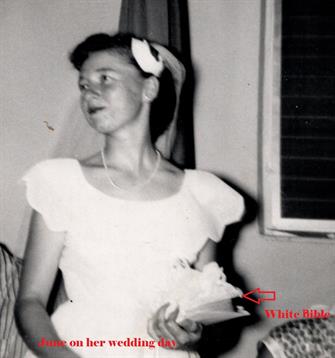 Bride wearing a beautiful white dress smiles while holding a bouquet, celebrating her wedding day.