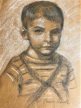 A young boy gazes seriously at the viewer while wearing a striped shirt in muted colors.