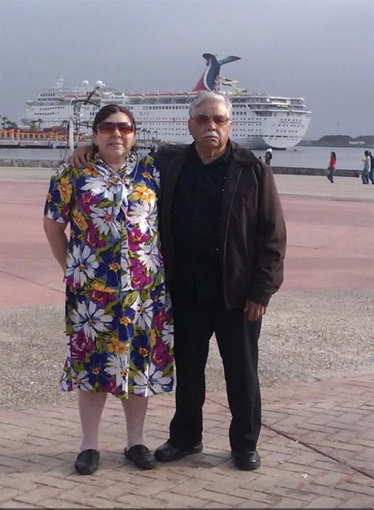 A couple enjoys the view of a large cruise ship at a busy port on a clear day.