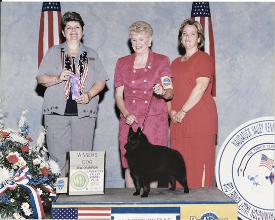 Three women proudly showcase their awards with a black dog at a dog show competition.