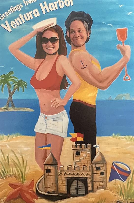 A couple poses playfully at the beach with palm trees and ocean waves in the background.