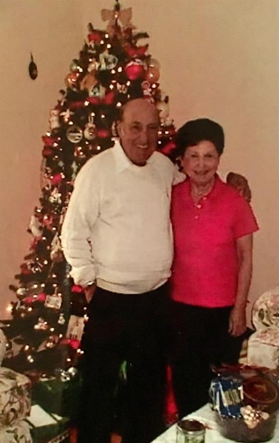A happy elderly couple smiles while posing together near a beautifully adorned Christmas tree.