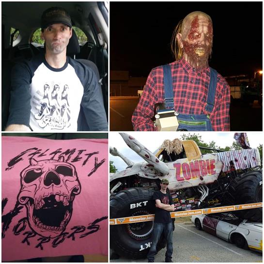 A man in a horror shirt sits in a vehicle next to a zombie-costumed character.