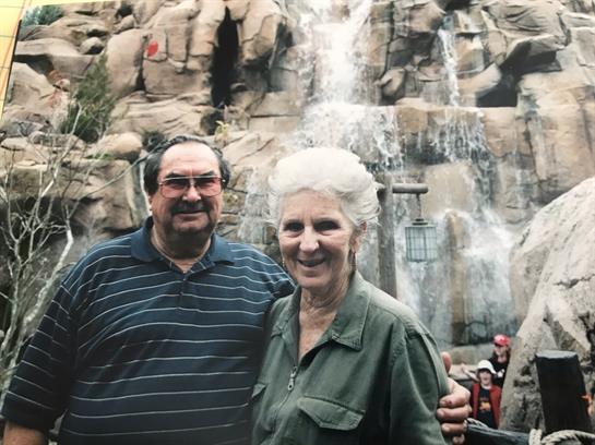 A joyful couple stands in front of a cascading waterfall, enjoying their time at a theme park.
