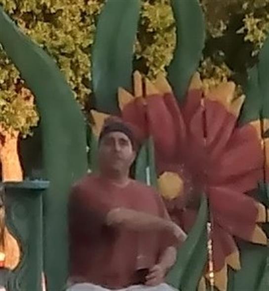 Two entertainers playfully engage the audience in a lively garden with big decorations.