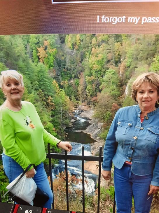 Two women stand by a railing, smiling while admiring a colorful autumn landscape and waterfall.