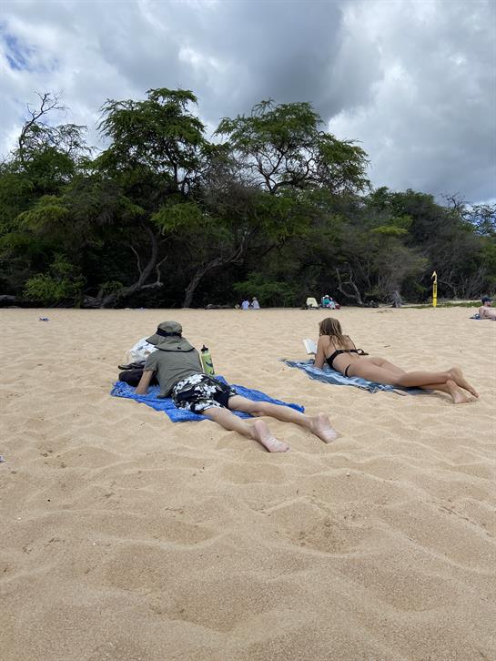 Two people sunbathe on beach towels while enjoying the tranquil atmosphere of the seaside.