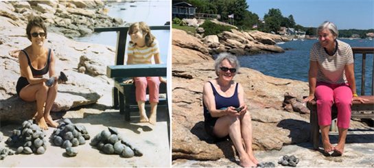 A woman sits peacefully by the water, recalling her childhood experiences at the beach.