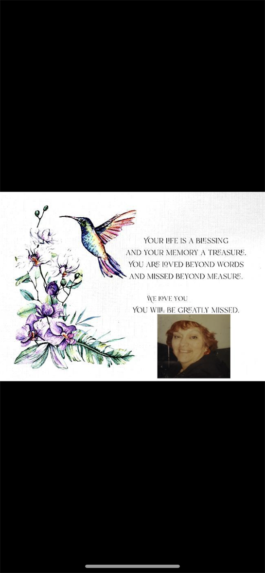 A tribute featuring heartfelt words, a hummingbird, and vibrant flowers for a cherished one.