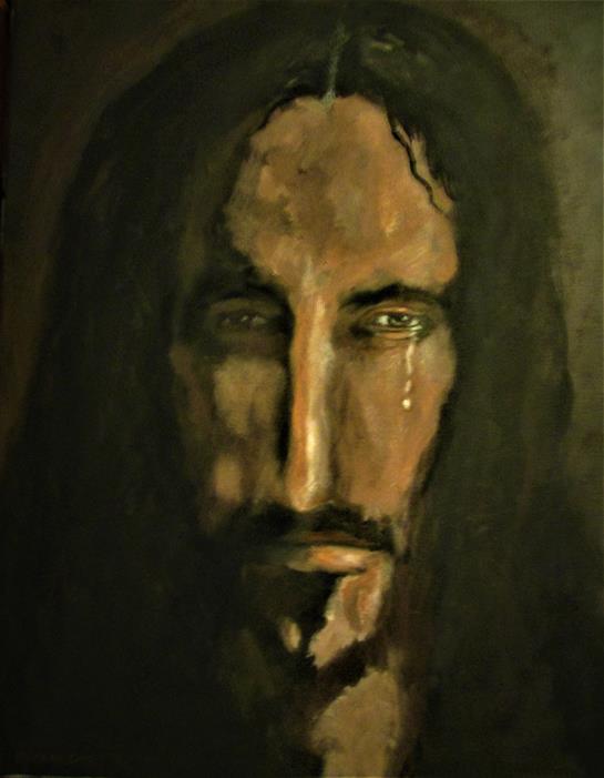 A close-up of a bearded figure's face shows a single tear flowing down, conveying powerful emotion.