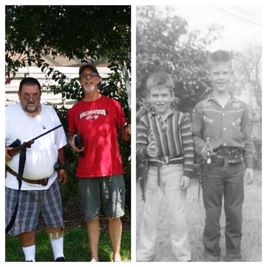 Two contrasting images display boys and adults playfully holding toy guns outside in a garden.