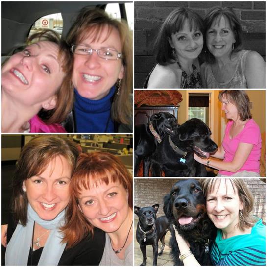 Two friends share joyful times together, posing with each other and their dogs in various settings.