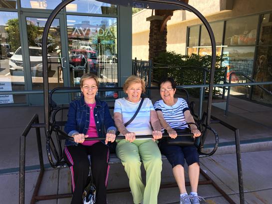 Three friends enjoy their time on a large swing set, smiling and chatting while seated.