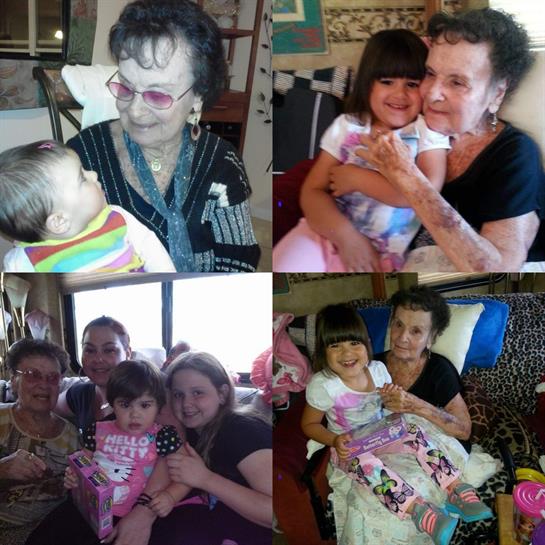 Five family members laugh and share moments with a baby and a child.