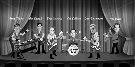 Six musicians entertain the audience with a lively performance on stage.