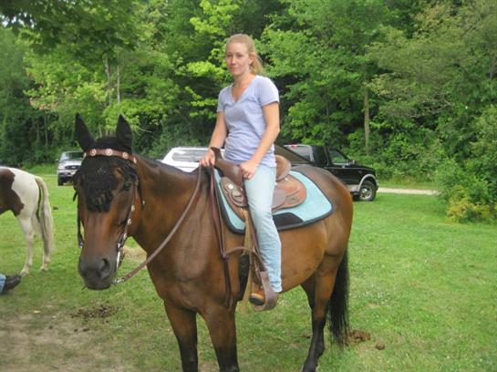 A rider enjoys time on a brown horse surrounded by lush greenery and parked vehicles nearby.