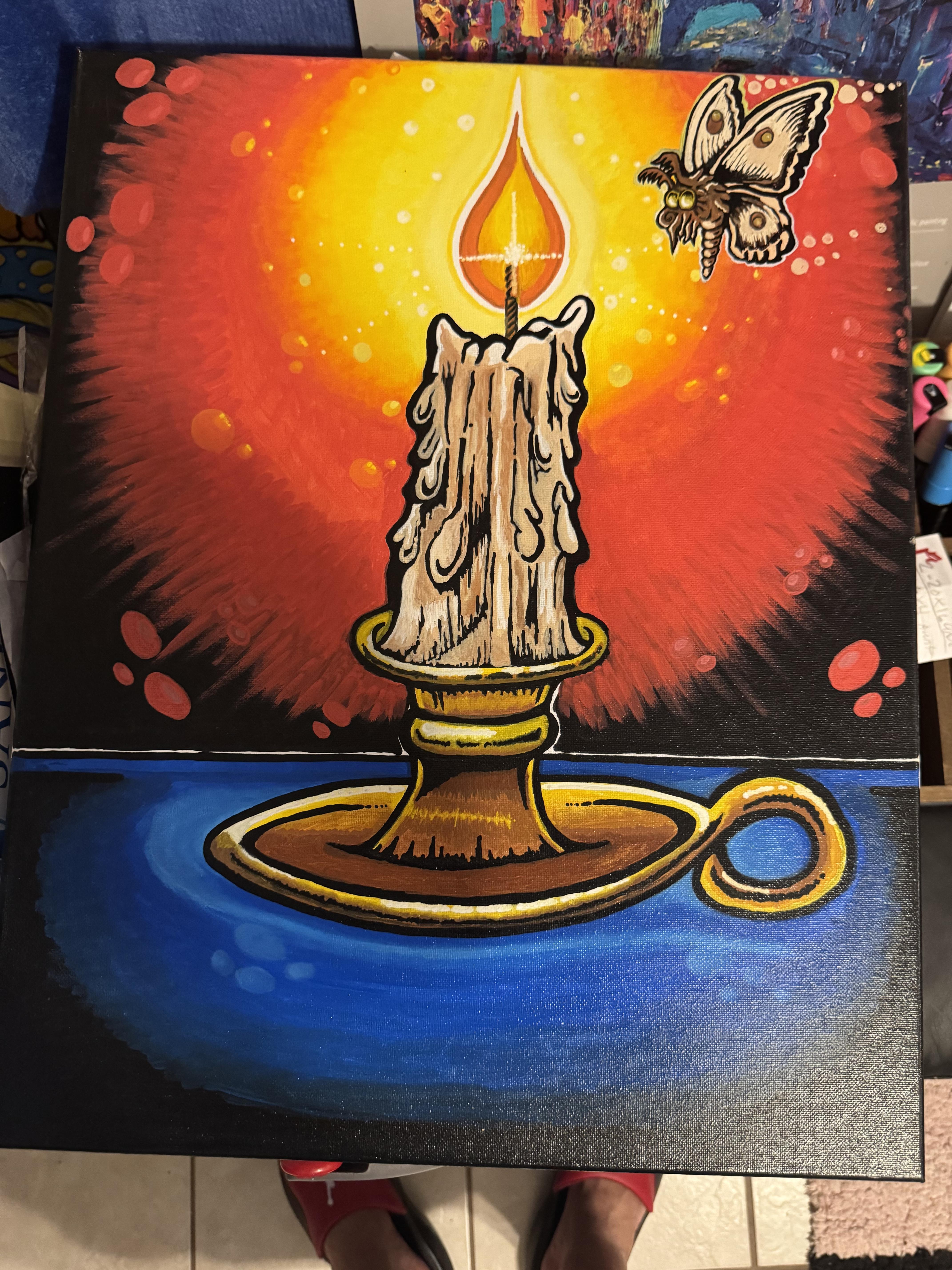A painting of a candle and a butterfly
