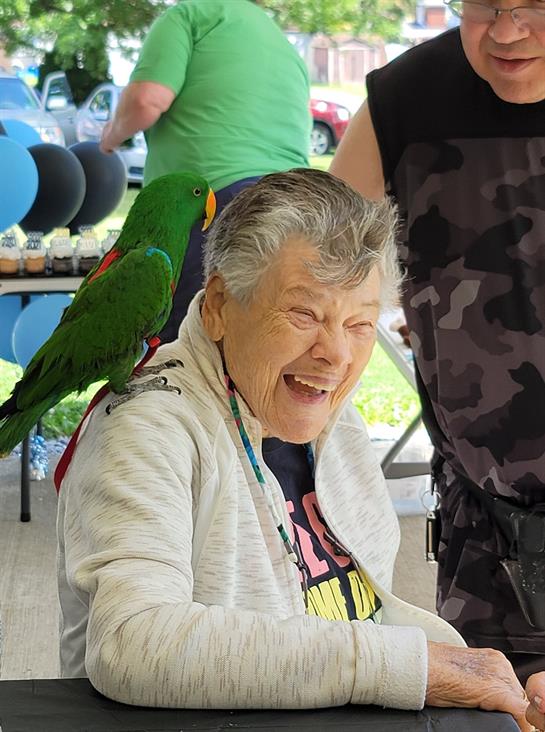 An elderly woman joyfully laughs with a colorful parrot on her shoulder at an outdoor event.