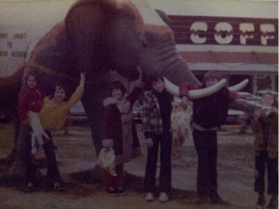 People gather around an elephant at a roadside attraction, smiling and posing for fun memories.
