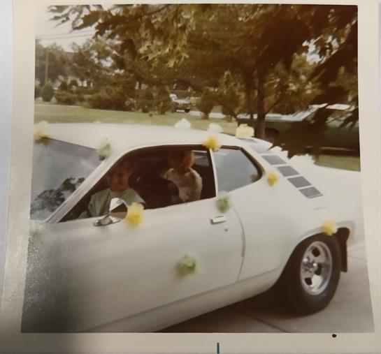 Decorated car sits in a driveway, surrounded by trees and flowering plants on a bright day.