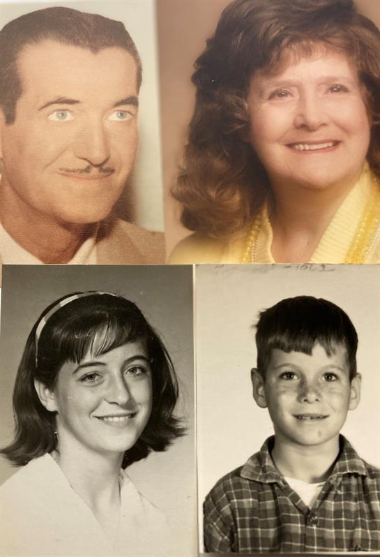 Vintage portraits of couples and children showcase family history and connection across generations.