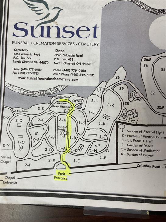 Detailed layout of Sunset Funeral and Cremation Services Cemetery with marked points of interest.