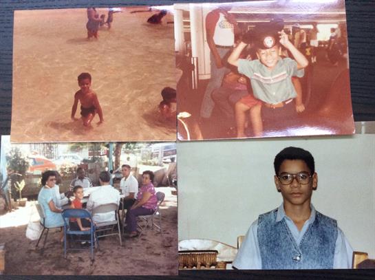 Kids in water, adults socializing, and a boy in glasses at a family gathering.