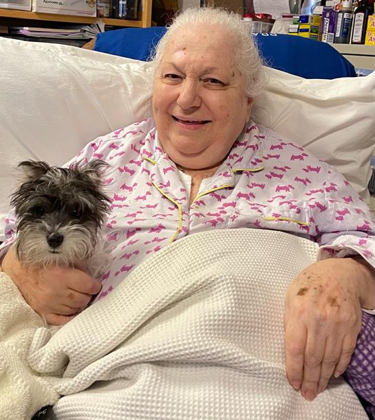 An elderly woman enjoying companionship with a small dog while sitting comfortably in bed.