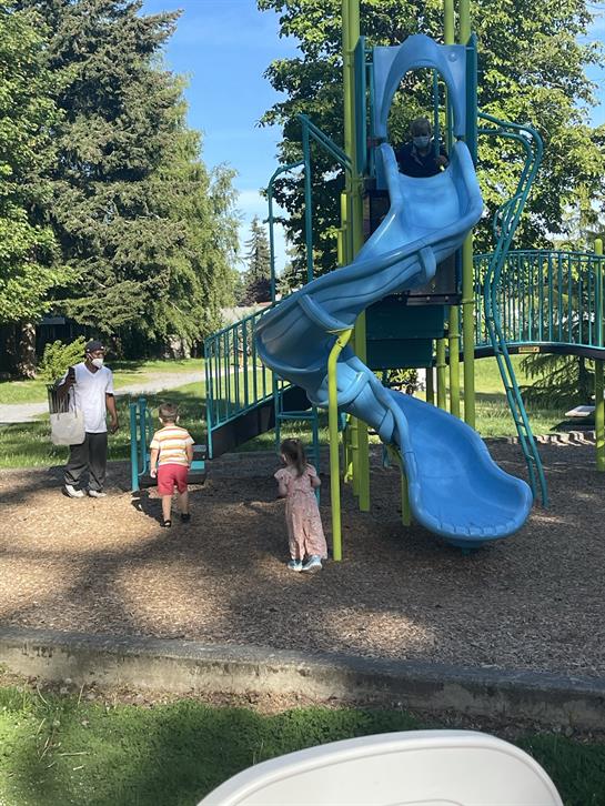 Kids enjoy sliding on blue equipment in a vibrant park surrounded by trees.