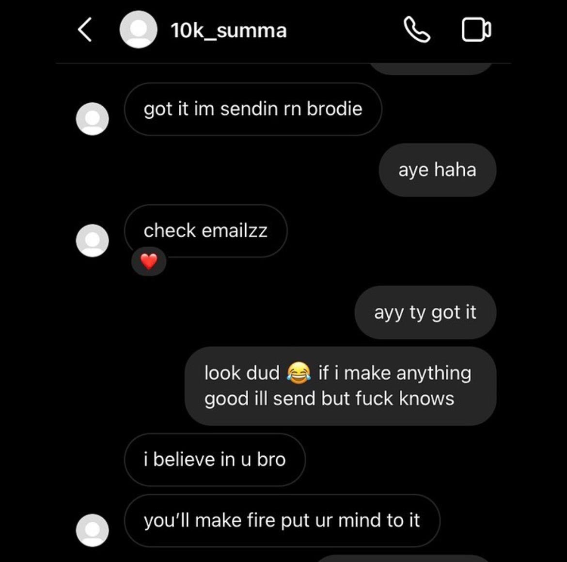 Friends discuss sharing creative work through email and express support for each other's efforts.